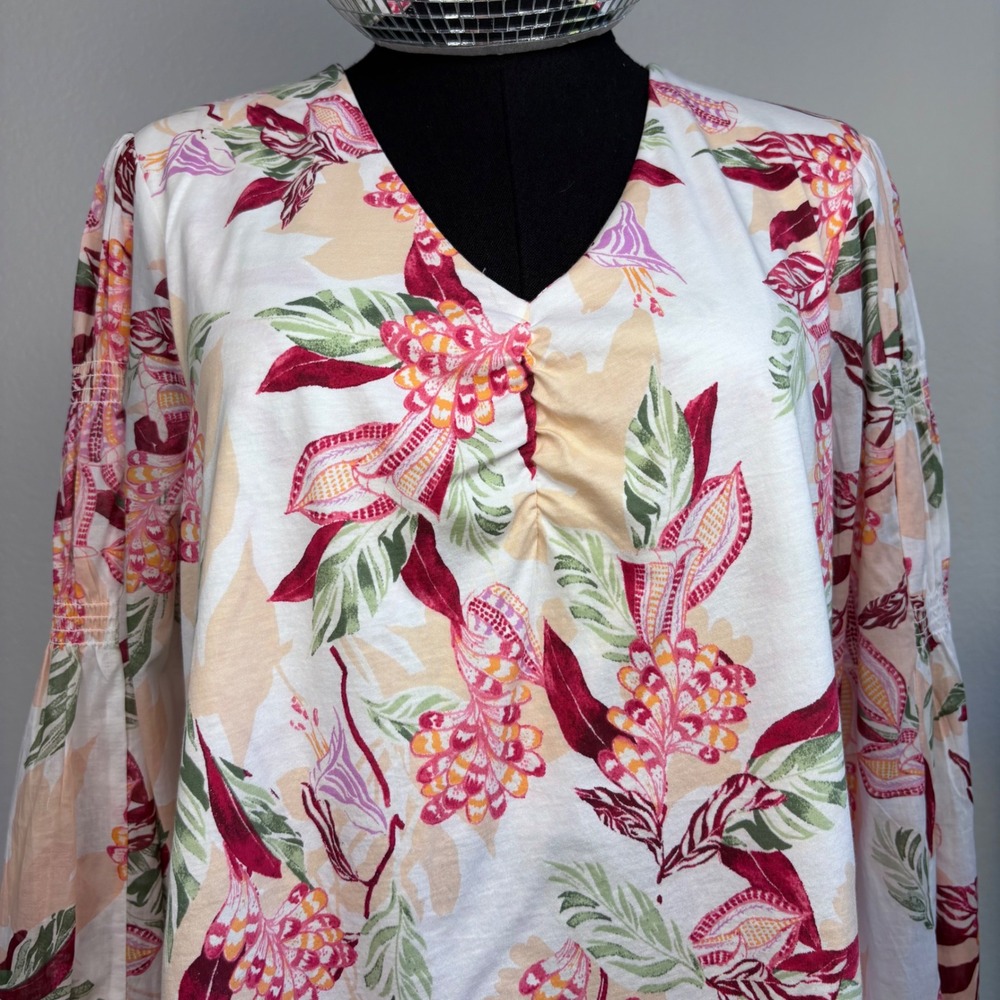 Chicos Pima Cotton Floral Smocked Long Sleeve Tee Size 2 Large Ecru Pink NWT - Picture 11 of 16